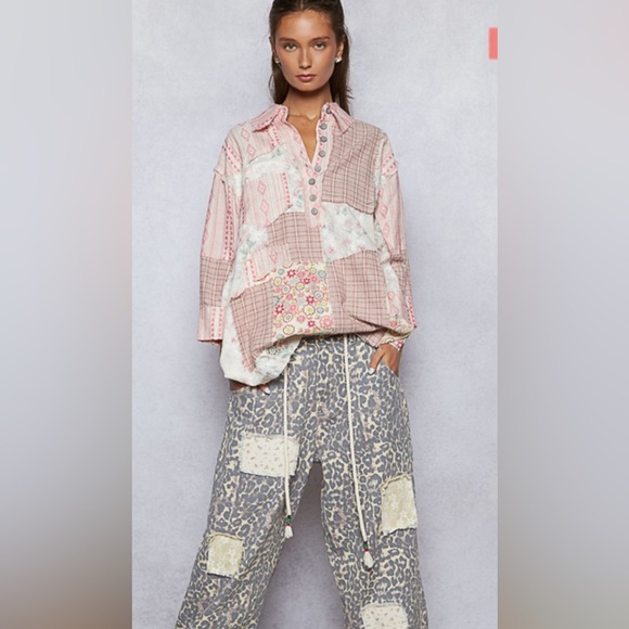 POL Pink Multi Pullover Patchwork Button Top 3/4 Sleeve Boho Oversized NWOT - Picture 4 of 7